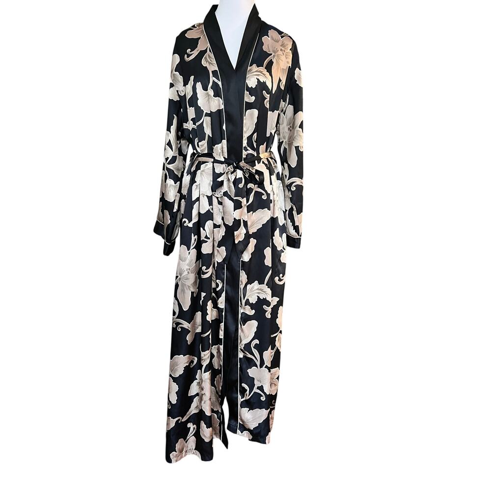 Vintage Jones New York Floral Satin Robe Black Ivory Tie Belt Size M Long Thick